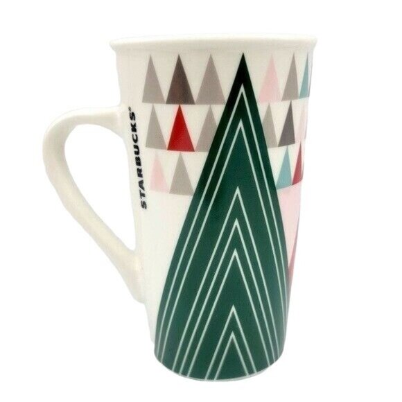 2/$15 Starbucks Holiday Christmas Triangle Tree Mug Ivory Green Red Pink 16oz - Picture 1 of 10